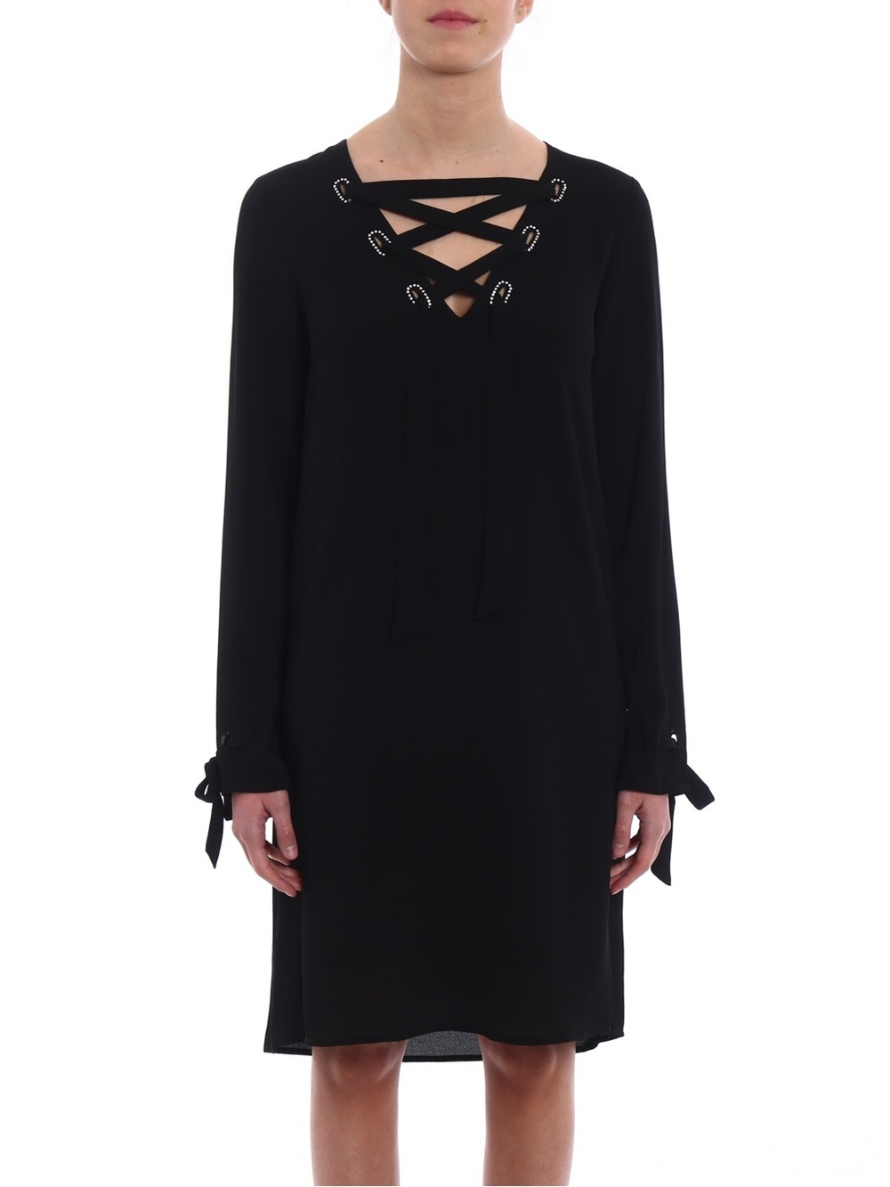 MICHAEL Michael Kors Black Lace-Up Long Sleeve Midi Dress